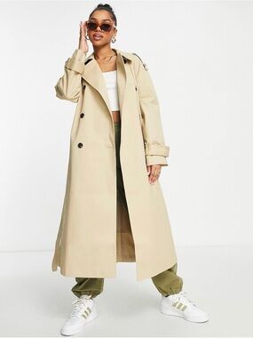 ASOS Beige Double-Breasted Long Trench Coat